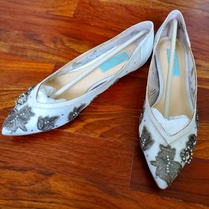 Betsey Johnson Something Blue Adele Ivory Beaded Wedding Shoes Pointed Flats